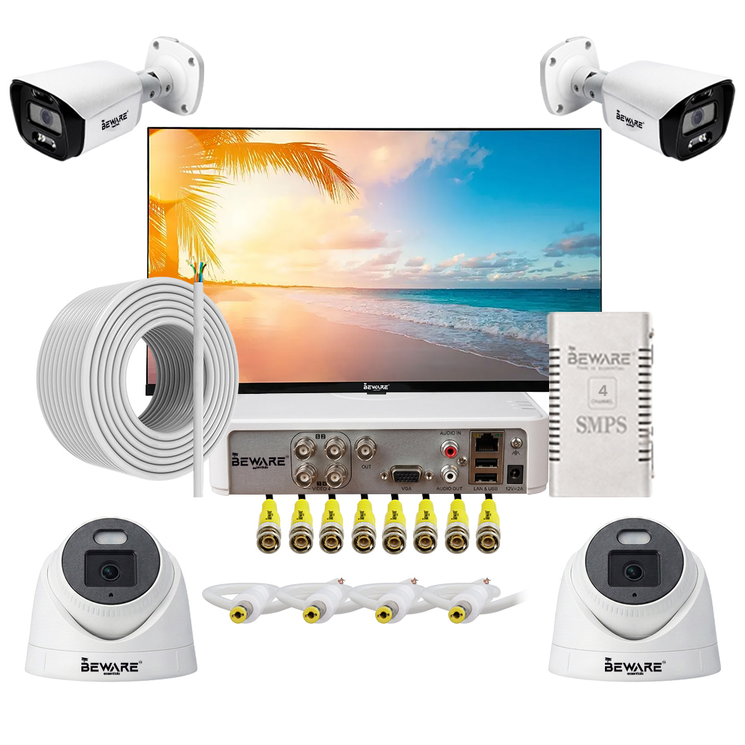 BEWARE 4 Camera CCTV Security Combo Kit with 32” Smart LED TV